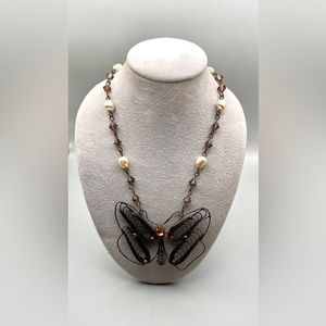NY Butterfly Wire Necklace Brown Amber Rhinestone Organic Pearl